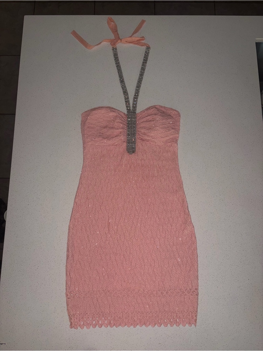 Pink Sparkly Halter Mini Dress with Jeweled Strap